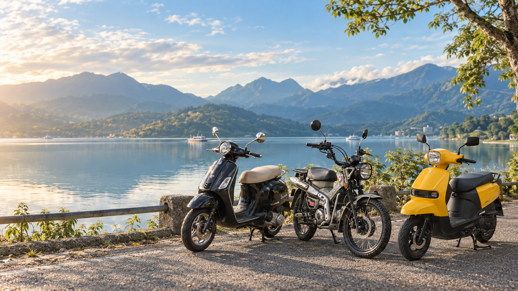 日月潭湖畔與 Vespa LX125、Honda CT125、Suzuki SUI 125